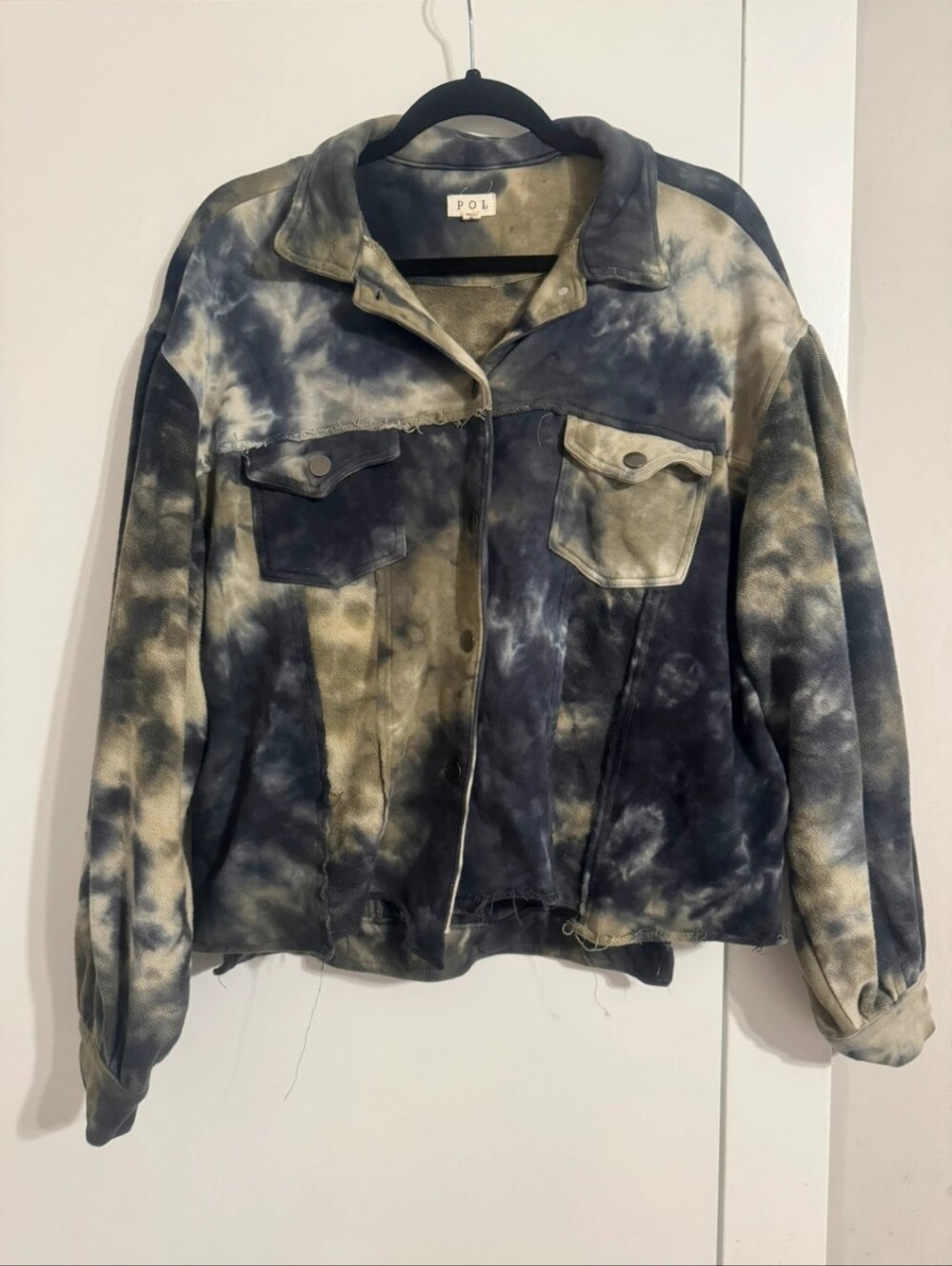 POL Tie-Dye Denim Shacket in Olive Green & Creamy Beige NWOT